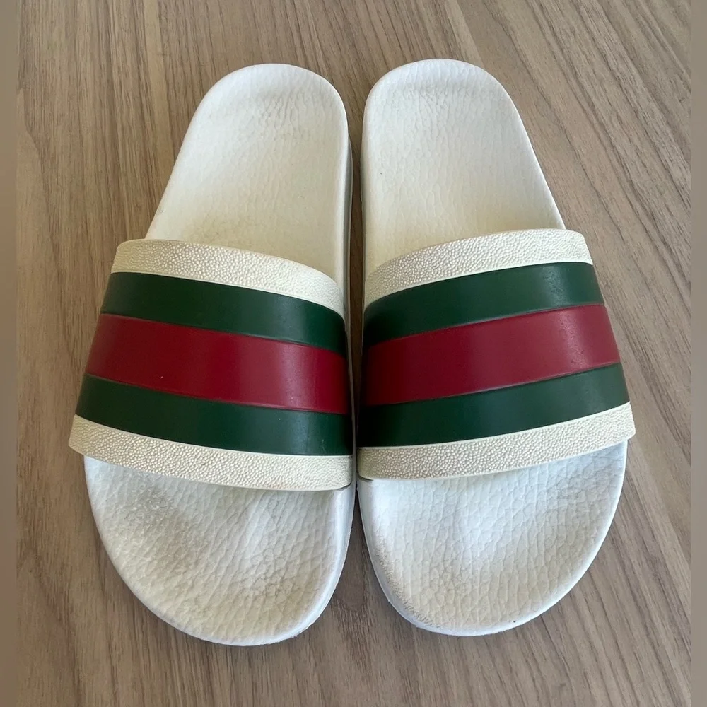 Gucci White Slides with Red and Green Stripes - Picture 1 of 10